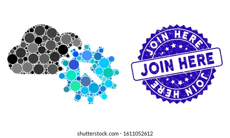 Mosaic integration icon and grunge stamp watermark with Join Here text. Mosaic vector is created with integration pictogram and with scattered circle elements. Join Here stamp seal uses blue color,
