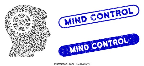 Mosaic intellect cog and grunge stamp seals with Mind Control phrase. Mosaic vector intellect cog is composed with random ellipse spots. Mind Control stamp seals use blue color,