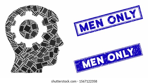 Mosaic intellect gear pictogram and rectangle seal stamps. Flat vector intellect gear mosaic pictogram of randomized rotated rectangle elements. Blue caption seal stamps with scratched surface.