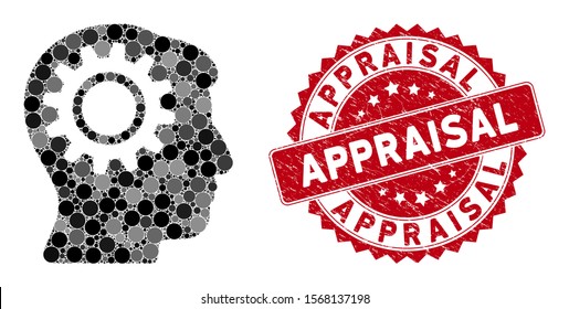 Mosaic intellect gear and rubber stamp watermark with Appraisal caption. Mosaic vector is composed with intellect gear icon and with randomized circle elements. Appraisal stamp uses red color,