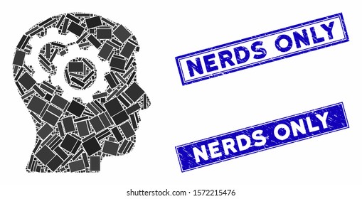 Mosaic intellect gears pictogram and rectangle Nerds Only stamps. Flat vector intellect gears mosaic pictogram of random rotated rectangle elements. Blue Nerds Only stamps with corroded textures.
