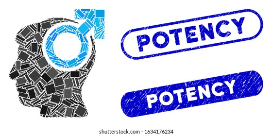 Mosaic intellect potency and distressed stamp seals with Potency caption. Mosaic vector intellect potency is formed with random rectangle items. Potency stamp seals use blue color,