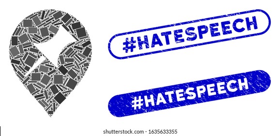 Mosaic interest pin marker and grunge stamp seals with #Hatespeech phrase. Mosaic vector interest pin marker is designed with randomized rectangle items. #Hatespeech stamp seals use blue color,