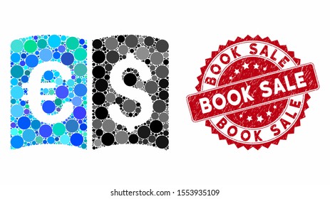 Mosaic international catalog and corroded stamp seal with Book Sale text. Mosaic vector is created with international catalog icon and with scattered spheric elements. Book Sale seal uses red color,