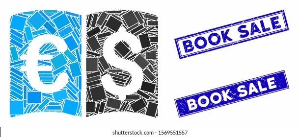 Mosaic international catalog pictogram and rectangle stamps. Flat vector international catalog mosaic pictogram of randomized rotated rectangle items. Blue caption stamps with distress surface.