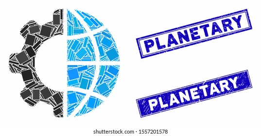 Mosaic international manufacture icon and rectangular rubber prints. Flat vector international manufacture mosaic icon of scattered rotated rectangular elements.