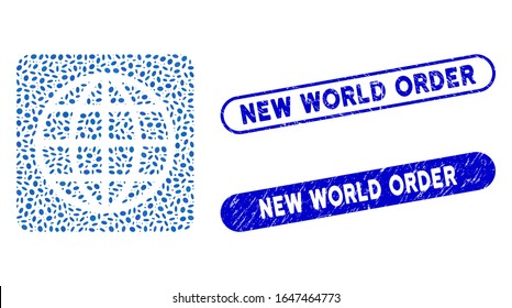 Internet mosaico y marcas de agua corroídas con texto del Nuevo Orden Mundial. El Internet vector mosaico está compuesto por elementos elípticos dispersos. Los sellos de sellos de sellos del nuevo orden mundial utilizan el color azul,