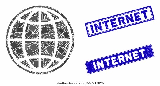 Mosaic internet pictogram and rectangular stamps. Flat vector internet mosaic pictogram of random rotated rectangular items. Blue caption stamps with distress surface.