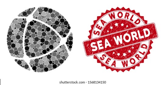 Mosaic internet sphere and rubber stamp seal with Sea World text. Mosaic vector is formed with internet sphere icon and with randomized round spots. Sea World stamp seal uses red color,