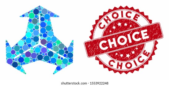 Mosaic intersection directions and corroded stamp seal with Choice caption. Mosaic vector is designed from intersection directions icon and with randomized circle spots.