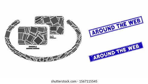 Mosaic intranet computers icon and rectangle seal stamps. Flat vector intranet computers mosaic pictogram of randomized rotated rectangle items. Blue caption seal stamps with distress textures.