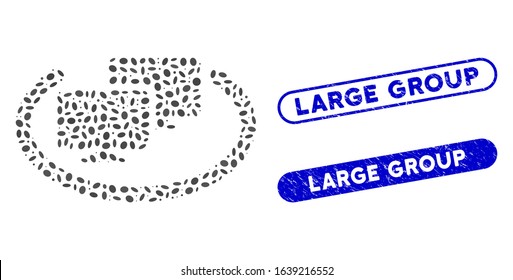 Mosaic intranet computers and rubber stamp seals with Large Group phrase. Mosaic vector intranet computers is composed with scattered ellipse dots. Large Group stamp seals use blue color,