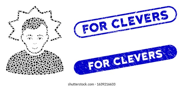 Mosaic inventor and corroded stamp watermarks with For Clevers phrase. Mosaic vector inventor is created with random ellipse elements. For Clevers stamp seals use blue color,