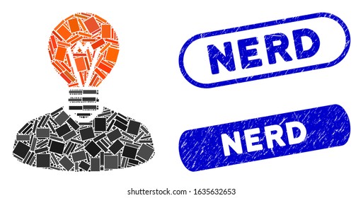 Mosaic inventor and grunge stamp seals with Nerd text. Mosaic vector inventor is designed with randomized rectangle items. Nerd stamp seals use blue color, and have round rectangle shape.
