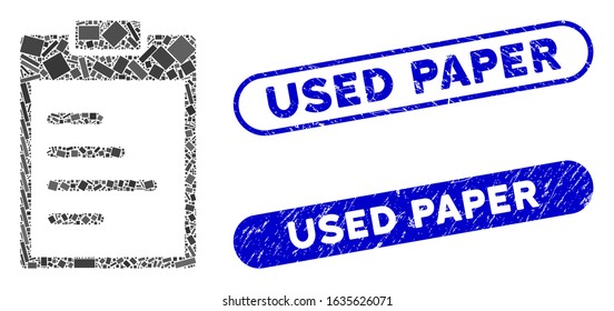 Mosaic inventory pad and corroded stamp seals with Used Paper text. Mosaic vector inventory pad is designed with random rectangle items. Used Paper stamp seals use blue color,