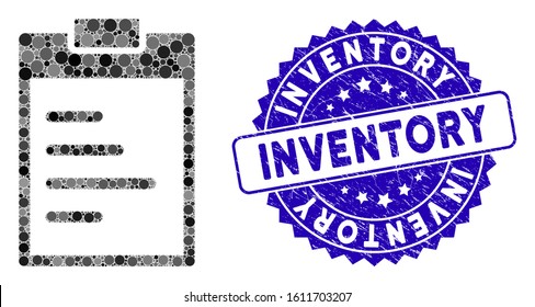 Mosaic inventory pad icon and grunge stamp seal with Inventory caption. Mosaic vector is formed with inventory pad icon and with randomized circle spots. Inventory stamp seal uses blue color,