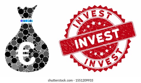 Mosaic invest and rubber stamp watermark with Invest text. Mosaic vector is created with invest icon and with scattered round elements. Invest stamp uses red color, and grunged design.