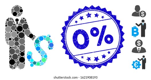 Mosaic investor icon and corroded stamp seal with 0% phrase. Mosaic vector is designed with investor icon and with randomized spheric items. 0% stamp seal uses blue color, and scratched surface.