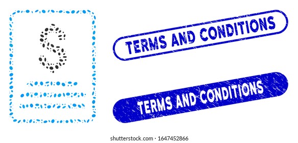 Mosaic invoice and distressed stamp seals with Terms and Conditions caption. Mosaic vector invoice is composed with random elliptic elements. Terms and Conditions stamp seals use blue color,
