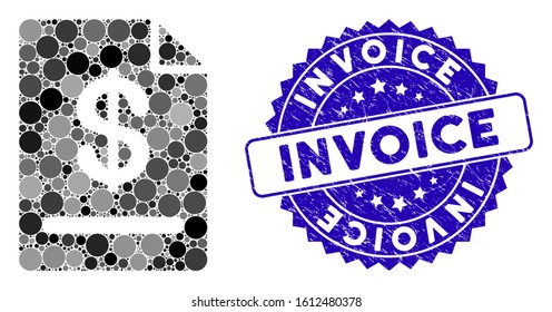 Mosaic invoice icon and corroded stamp seal with Invoice caption. Mosaic vector is created with invoice icon and with scattered spheric elements. Invoice stamp seal uses blue color,