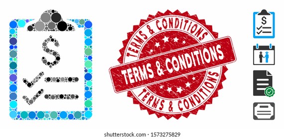 Mosaic Invoice Pad Icon And Distressed Stamp Seal With Terms & Conditions Phrase. Mosaic Vector Is Created With Invoice Pad Icon And With Random Round Spots.