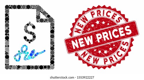 Mosaic invoice page and corroded stamp watermark with New Prices text. Mosaic vector is composed with invoice page icon and with random spheric elements. New Prices stamp uses red color,