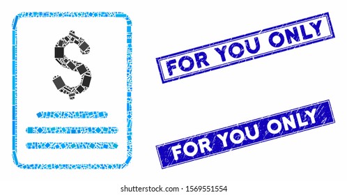 Mosaic invoice pictogram and rectangle seal stamps. Flat vector invoice mosaic icon of random rotated rectangle elements. Blue caption seal stamps with distress textures.