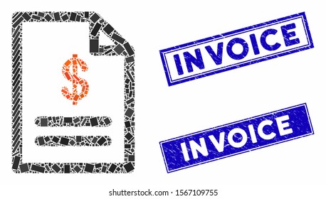 Mosaic invoice pictogram and rectangular watermarks. Flat vector invoice mosaic pictogram of randomized rotated rectangular items. Blue caption stamps with grunged textures.