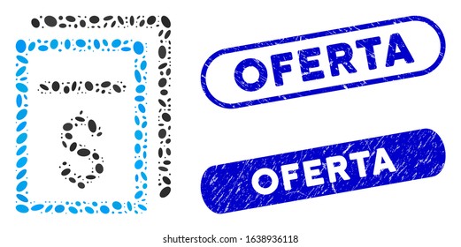 Mosaic invoices and corroded stamp seals with Oferta caption. Mosaic vector invoices is composed with randomized elliptic parts. Oferta seals use blue color, and have round rectangle shape.