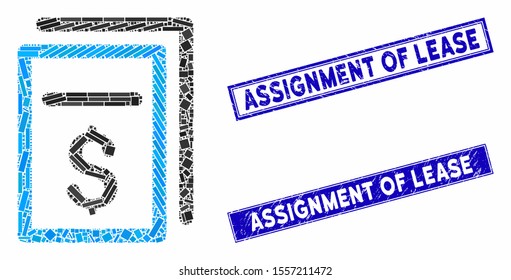 Mosaic invoices pictogram and rectangular watermarks. Flat vector invoices mosaic icon of scattered rotated rectangular elements. Blue caption watermarks with rubber texture.