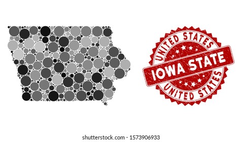 Mosaic Iowa State map and round stamp. Flat vector Iowa State map mosaic of random round elements. Red stamp with distress style. Designed for political and patriotic collages.