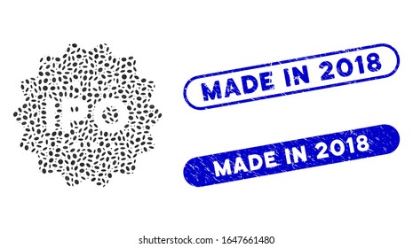 Mosaic IPO token and distressed stamp watermarks with Made in 2018 caption. Mosaic vector IPO token is created with scattered oval elements. Made in 2018 stamp seals use blue color,