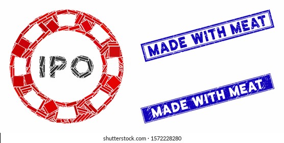 Mosaic IPO token pictogram and rectangular Made with Meat rubber prints. Flat vector IPO token mosaic pictogram of random rotated rectangular elements.