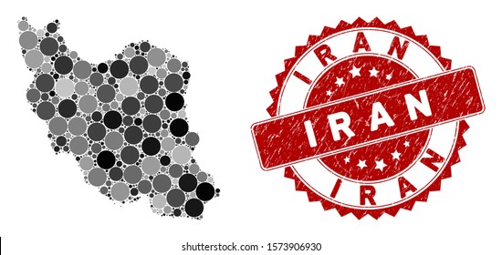 Mosaic Iran map and circle rubber print. Flat vector Iran map mosaic of random circle items. Red rubber seal with distress style. Designed for political and patriotic purposes.