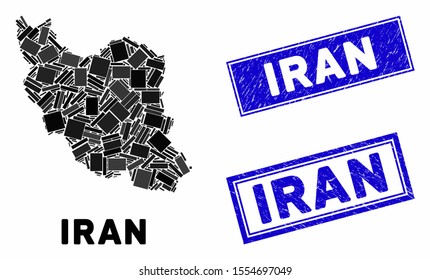 Mosaic Iran map and rectangular stamps. Flat vector Iran map mosaic of scattered rotated rectangular items. Blue caption rubber stamps with rubber textures.