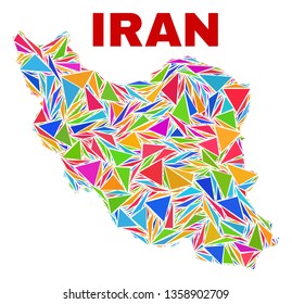 Mosaic Iran map of triangles in bright colors isolated on a white background. Triangular collage in shape of Iran map. Abstract design for patriotic illustrations.