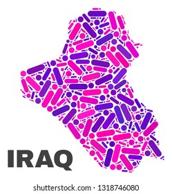 Mosaic Iraq map isolated on a white background. Vector geographic abstraction in pink and violet colors. Mosaic of Iraq map combined of scattered circle points and lines.
