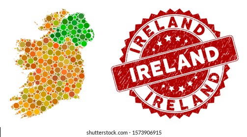 Mosaic Ireland countries map and circle rubber print. Flat vector Ireland countries map mosaic of scattered circle items. Red seal with rubber style. Designed for political and patriotic agitation.