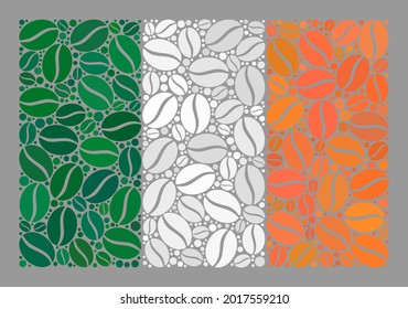 Mosaic Ireland flag is constructed of coffee seed elements. Vector coffee mosaic Ireland flag designed for coffee shops ads. Ireland flag collage is organized with randomized chocolate.