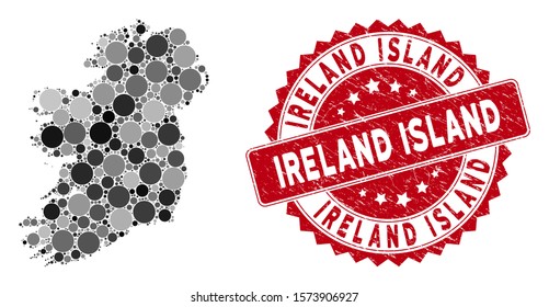 Mosaic Ireland Island map and round seal stamp. Flat vector Ireland Island map mosaic of scattered round elements. Red watermark with grunged design. Designed for political and patriotic purposes.