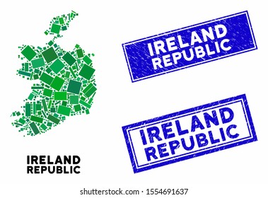 Mosaic Ireland Republic map and rectangular seals. Flat vector Ireland Republic map mosaic of randomized rotated rectangular items. Blue caption rubber seals with corroded texture.