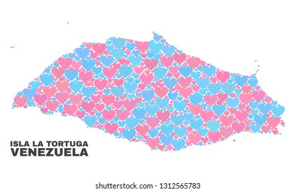 Mosaic Isla La Tortuga map of lovely hearts in pink and blue colors isolated on a white background. Lovely heart collage in shape of Isla La Tortuga map. Abstract design for Valentine illustrations.