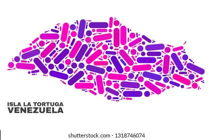 Mosaic Isla La Tortuga map isolated on a white background. Vector geographic abstraction in pink and violet colors. Mosaic of Isla La Tortuga map combined of scattered round dots and lines.