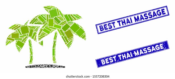 Mosaic island palms icon and rectangle seals. Flat vector island palms mosaic icon of random rotated rectangle elements. Blue caption seals with dirty texture.