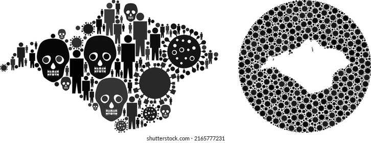 Mosaic Isle of Wight map composed of SARS virus icons and population and mortal icons. Flu virus Isle of Wight map mosaic composed with sphere and subtracted space.