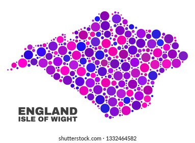 Mosaic Isle of Wight map isolated on a white background. Vector geographic abstraction in pink and violet colors. Mosaic of Isle of Wight map combined of scattered circle points.