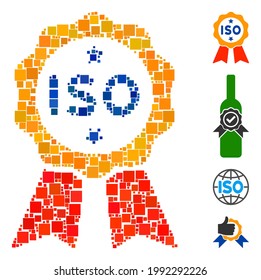 Mosaic ISO certified icon united from square elements in different sizes and color hues. Vector square parts are combined into abstract mosaic ISO certified icon. Bonus icons are added.