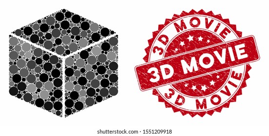 Mosaic isometric cube and rubber stamp watermark with 3D Movie phrase. Mosaic vector is formed with isometric cube icon and with random circle items. 3D Movie stamp seal uses red color,