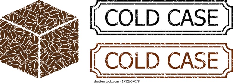 Mosaic isometric cube united from coffee grain, and grunge Cold Case rectangle seal stamps with notches. Vector coffee elements are composed into abstract mosaic isometric cube icon with brown color.