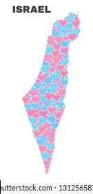 Mosaic Israel map of love hearts in pink and blue colors isolated on a white background. Lovely heart collage in shape of Israel map. Abstract design for Valentine illustrations.